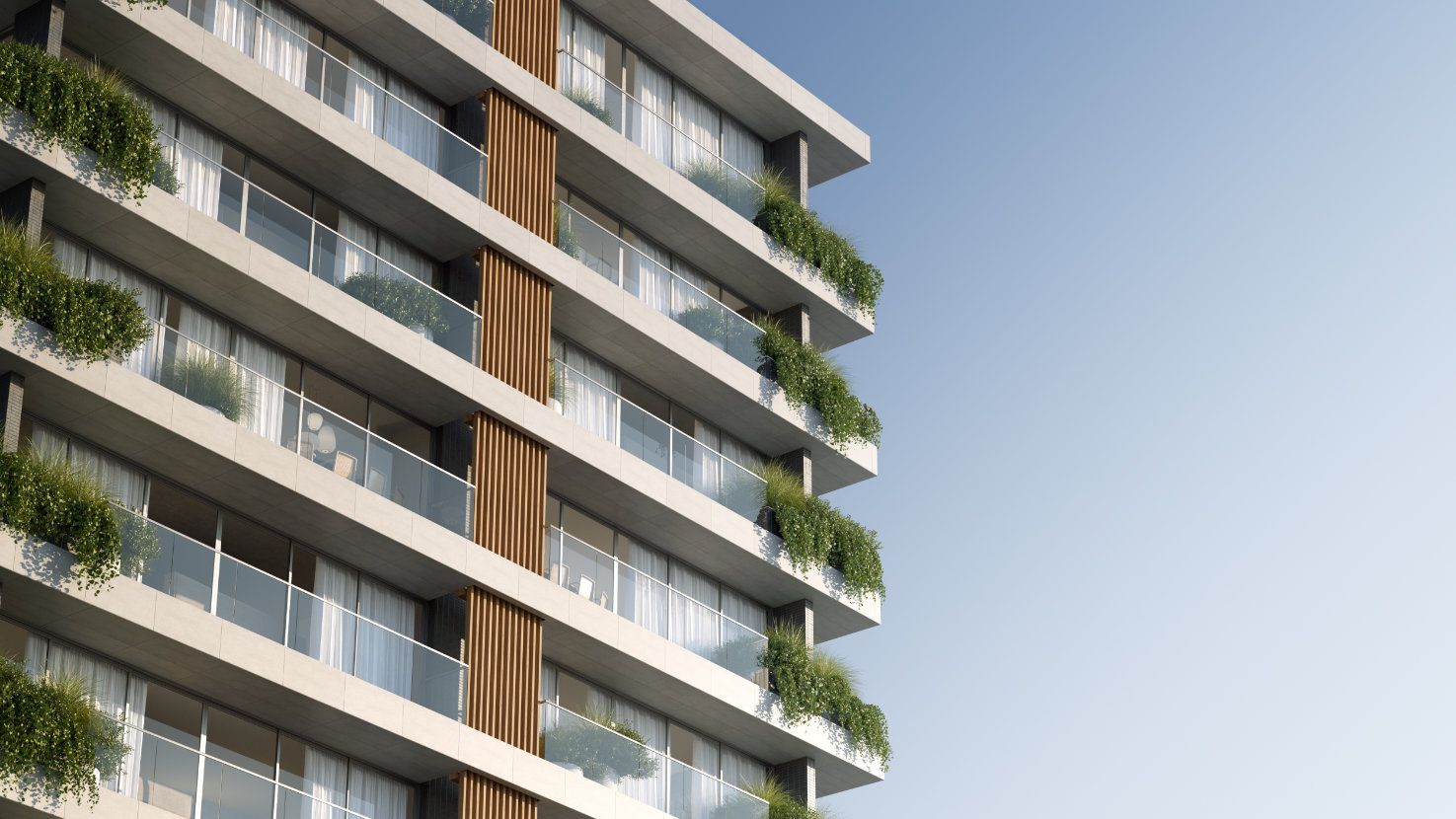 Modern apartment building with balconies, foliage, and wooden accents, against a blue sky.