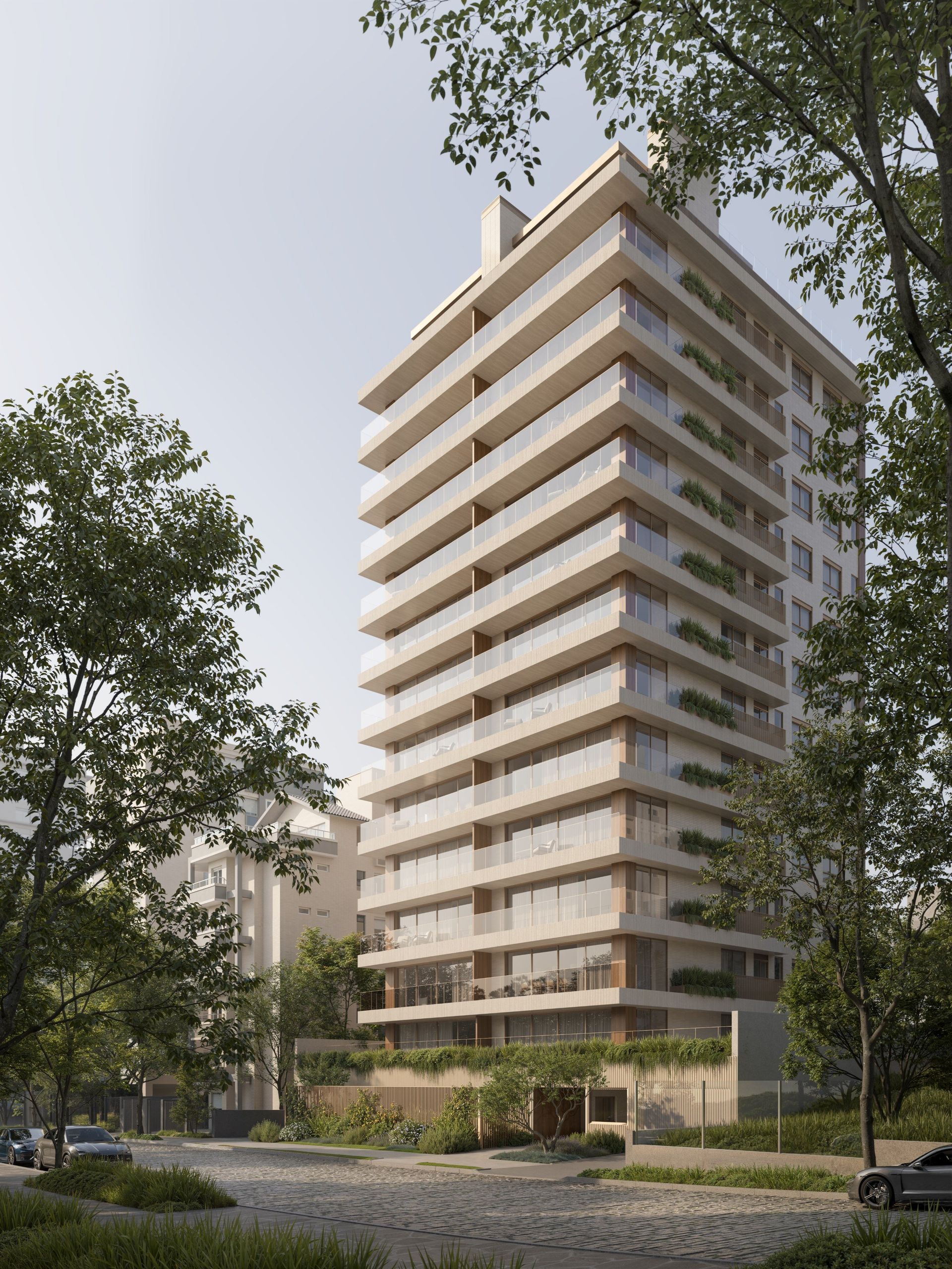 Impressão artística de um edifício alto com muitas varandas cercado por árvores.