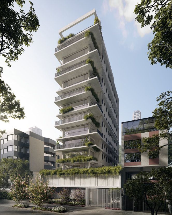 Impressão artística de um edifício alto com muitas varandas cercado por árvores.