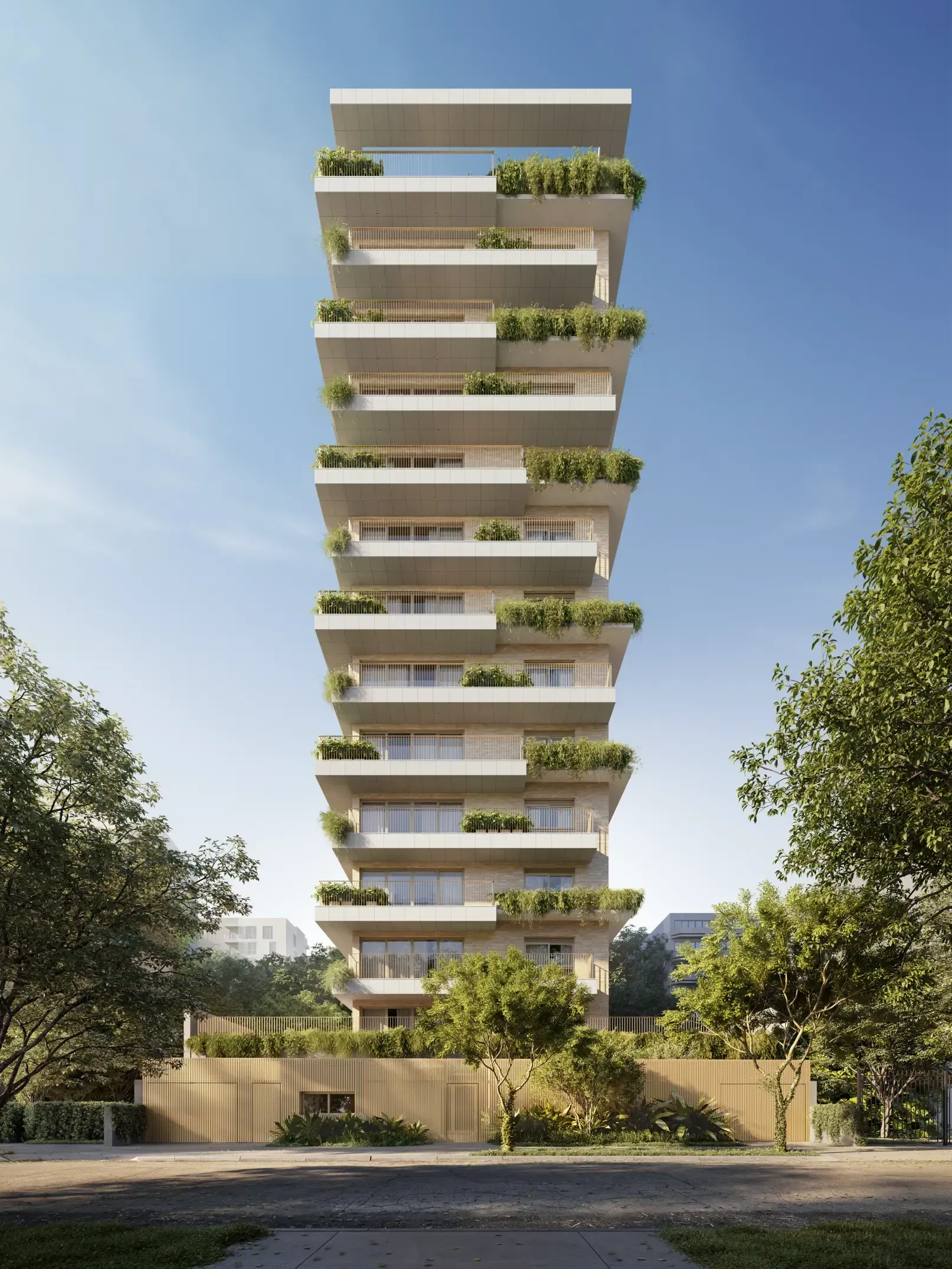 Uma impressão artística de um edifício alto com muitas varandas cercado por árvores.