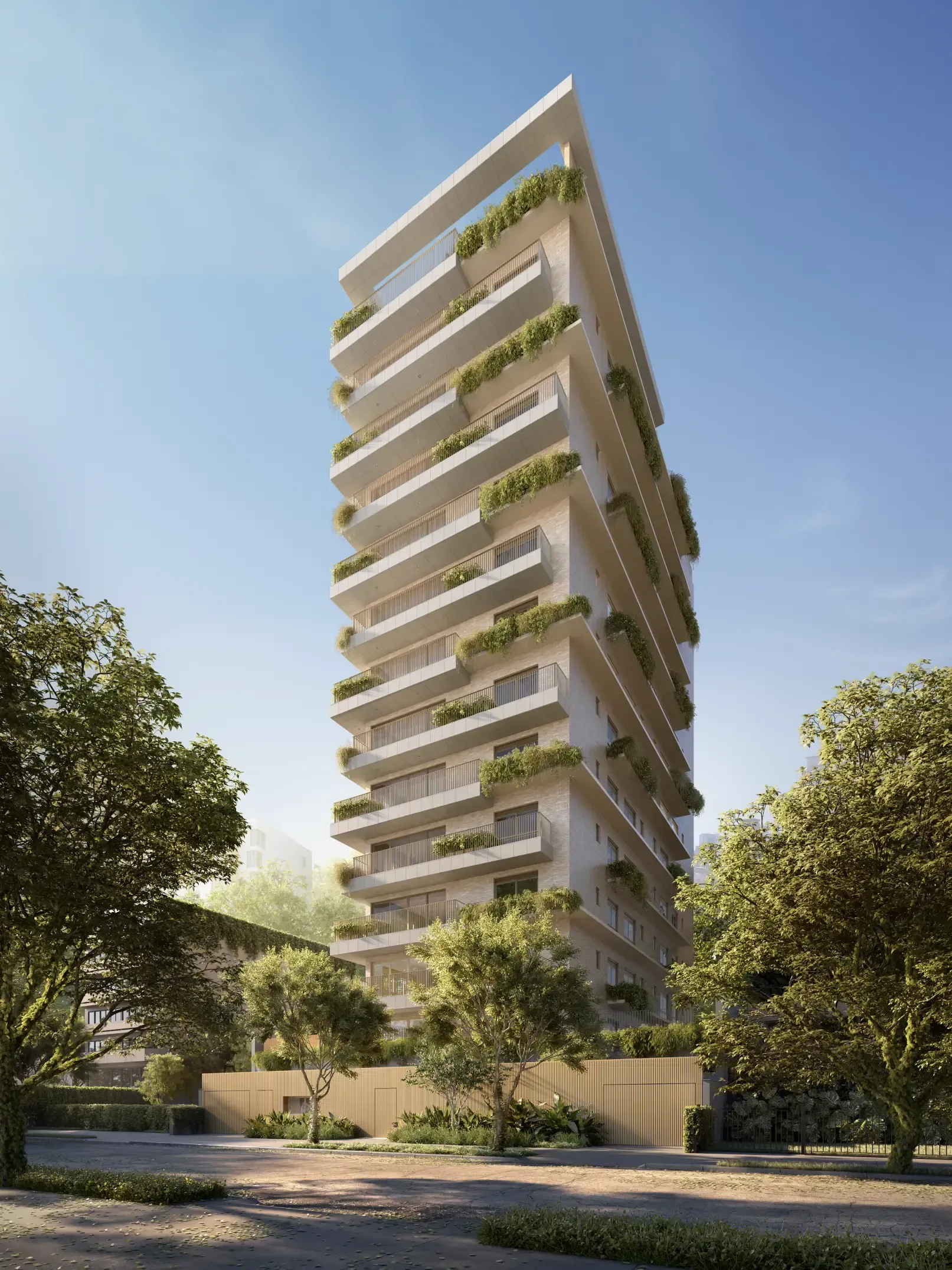 Uma impressão artística de um edifício alto com muitas varandas cercado por árvores.