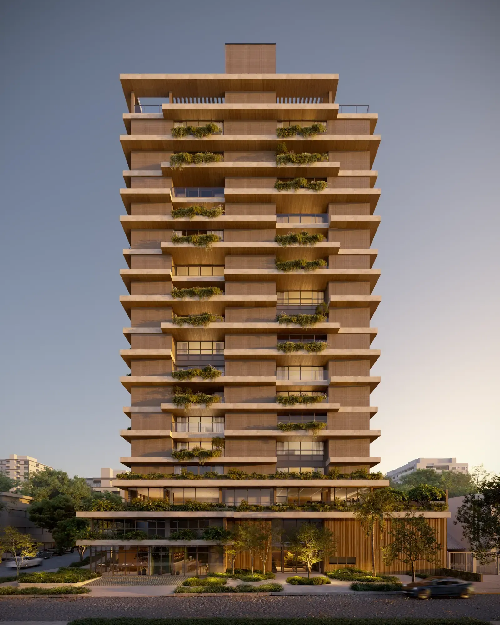 Impressão artística de um edifício alto com muitas varandas cercado por árvores.