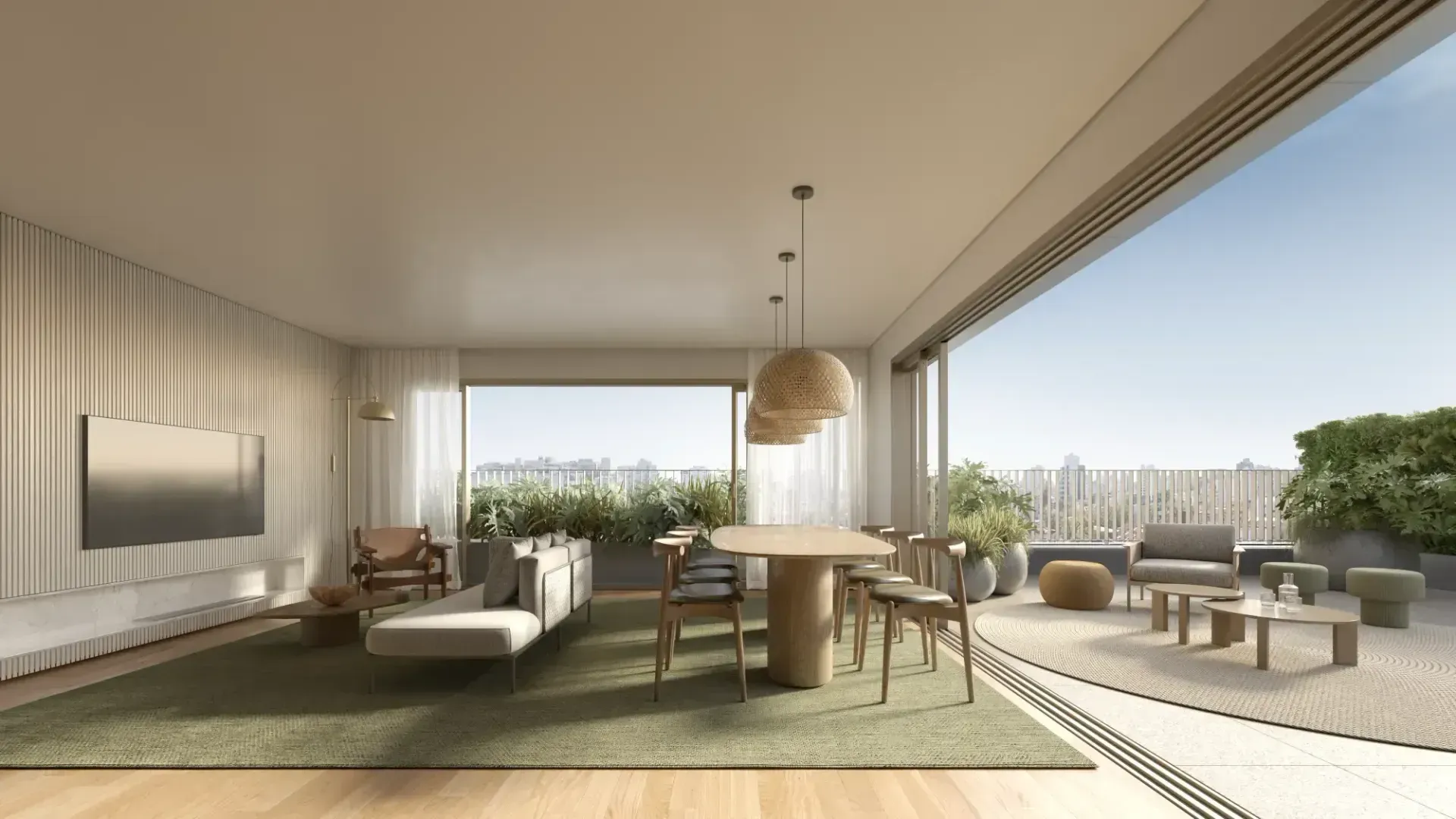 Espaço habitacional moderno de conceito aberto com sala de jantar, sala de estar e varanda com vista