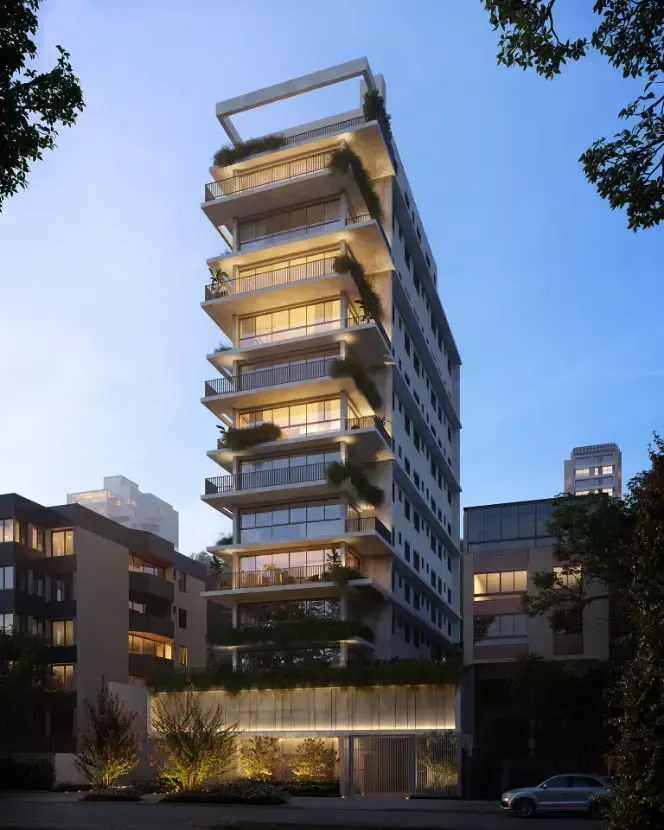 Impressão artística de um edifício alto à noite