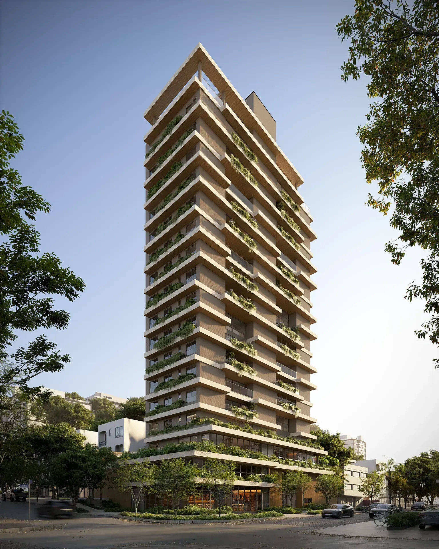 Impressão artística de um edifício alto com muitas varandas cercado por árvores.