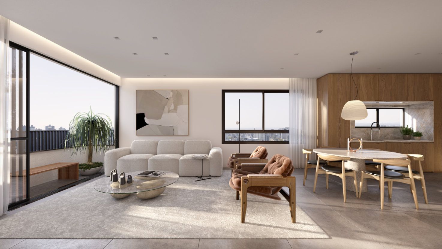 Modern living room with open layout, light colors, and large windows overlooking city.