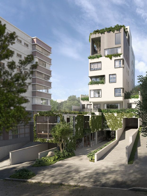 Impressão artística de um edifício com muitas janelas