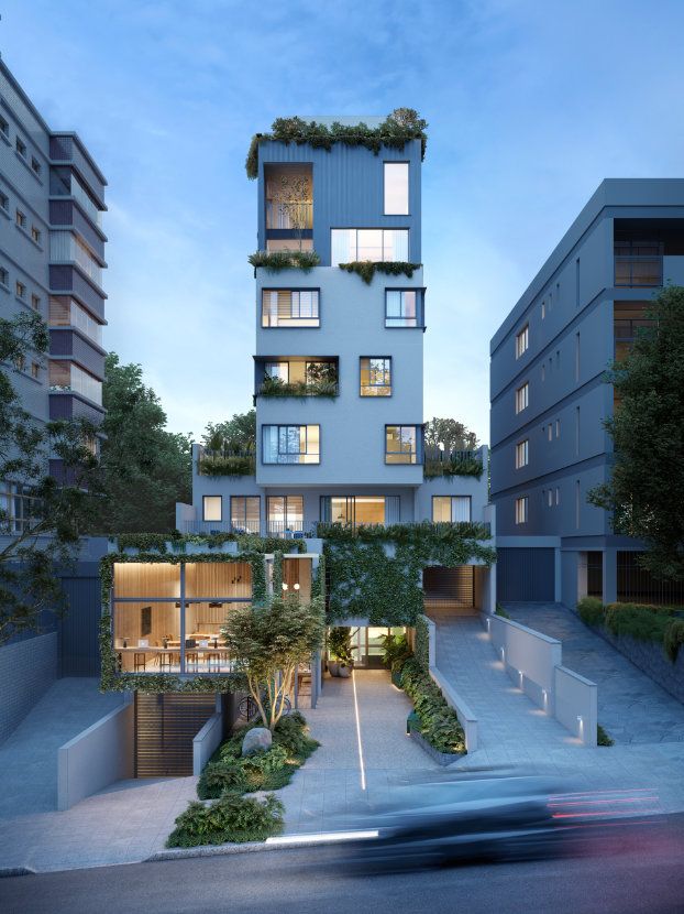Impressão artística de um edifício alto com muitas janelas