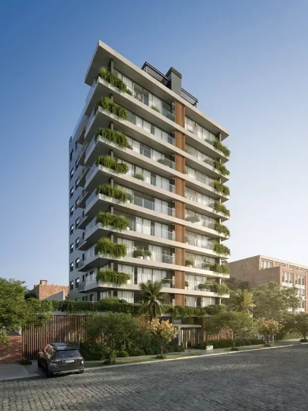 Impressão artística de um edifício alto com muitas varandas