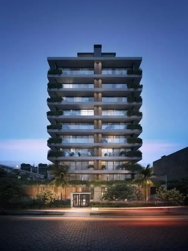 Impressão artística de um edifício alto à noite