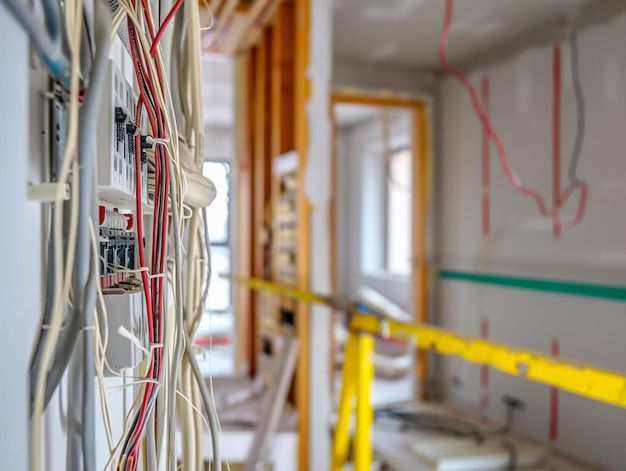 Electrical wiring and panel exposed during interior construction.