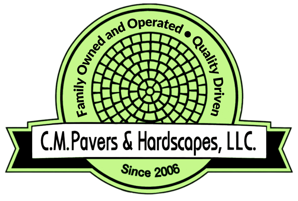 Logo for C.M. Pavers & Hardscapes, LLC. Green circular design with text and a brick pattern.