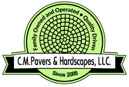 Logo for C.M. Pavers & Hardscapes, LLC. Green circular design with text and a brick pattern.