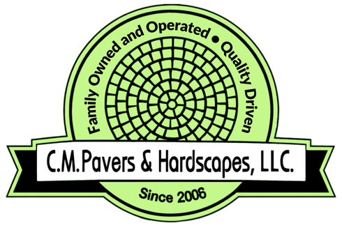 Logo for C.M. Pavers & Hardscapes, LLC. Green circular design with text and a brick pattern.