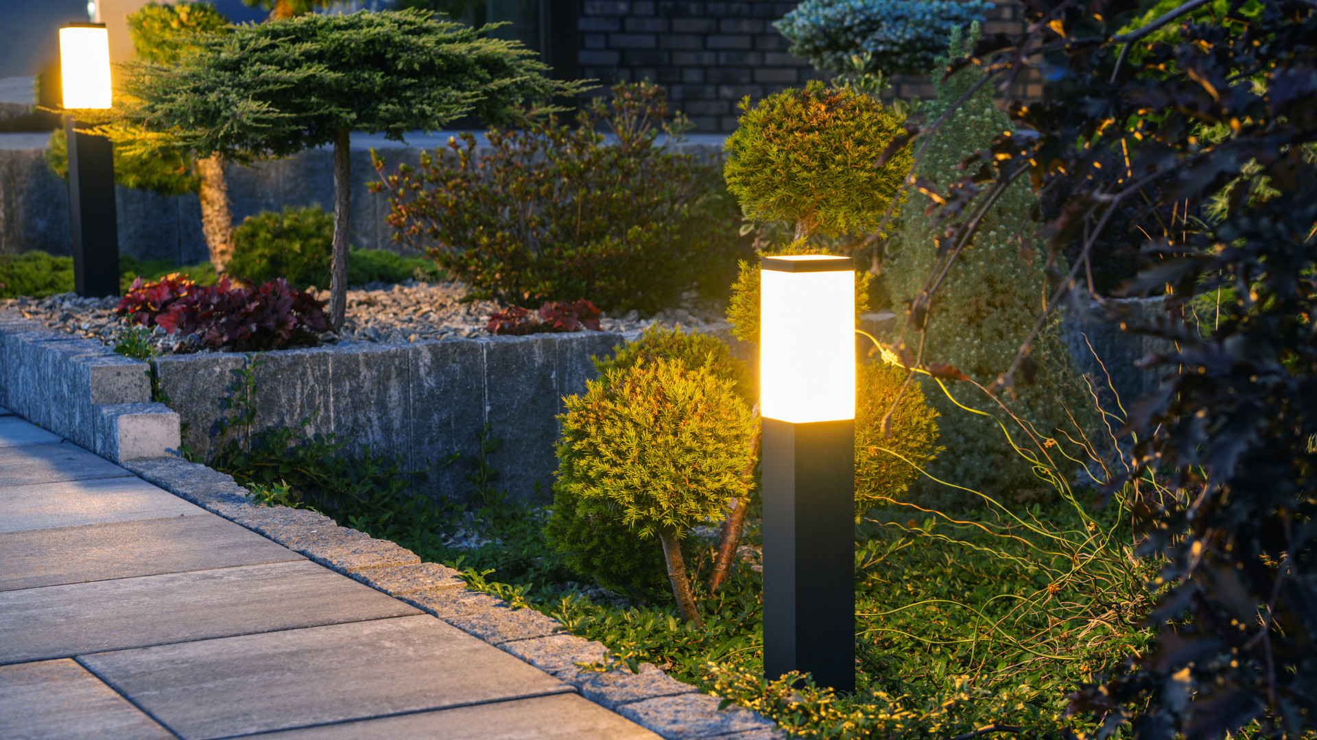 Pathway illuminated by warm lights in a landscaped garden bed with various plants and shrubs.