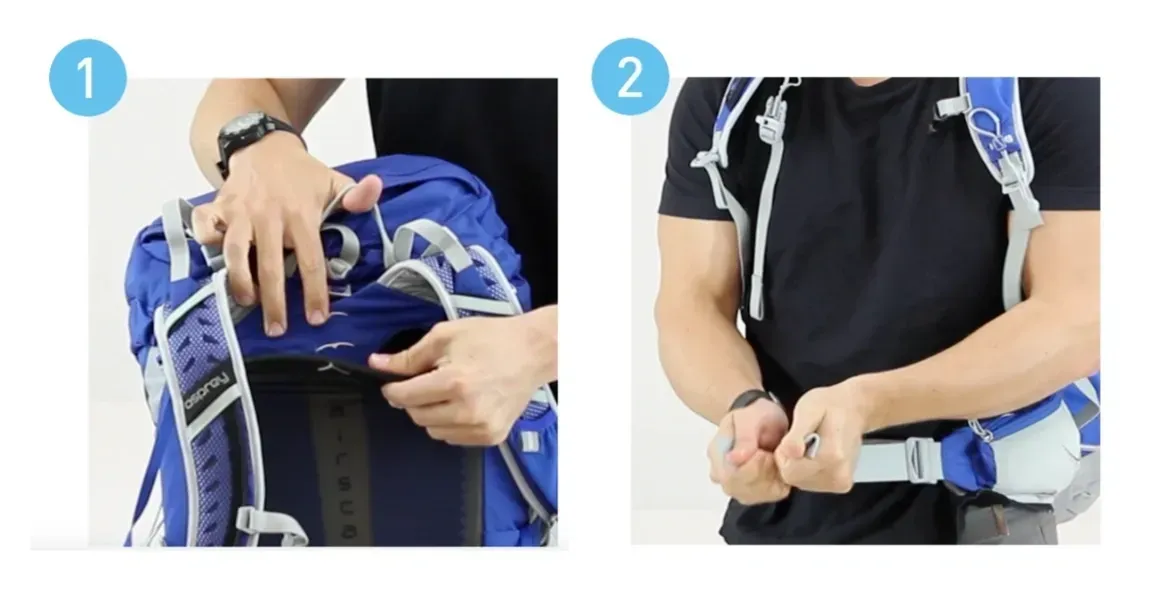A man is putting a blue backpack on his back.