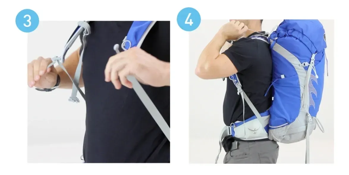 A man is carrying a blue backpack on his back.
