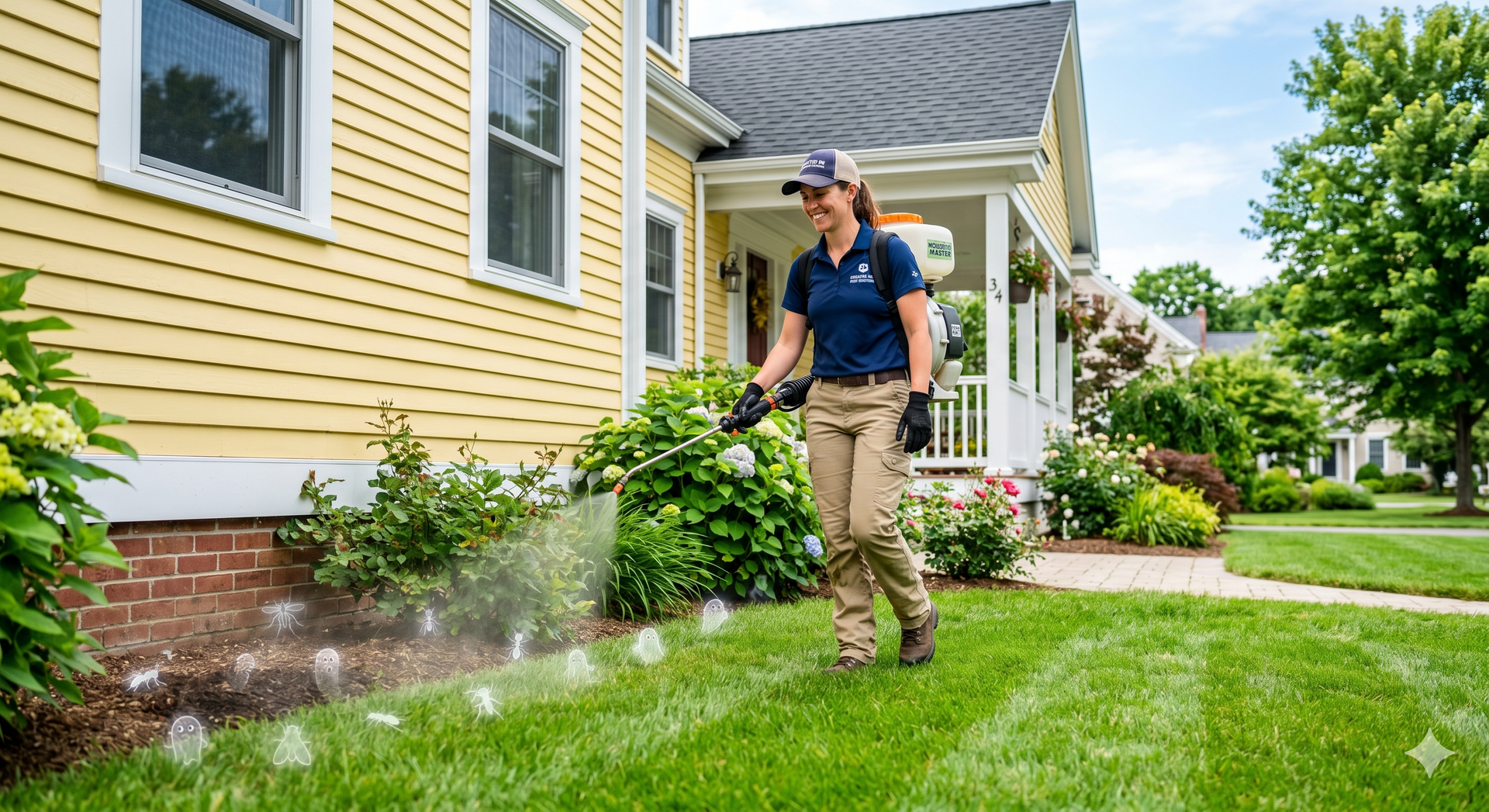 Pest control technician treating a home for common pests in Salem, NH