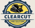 Logo for ClearCut Land Solutions: a tracked land clearing machine in a gear-shaped badge.