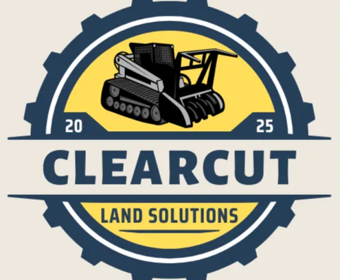 Logo for ClearCut Land Solutions: a tracked land clearing machine in a gear-shaped badge.