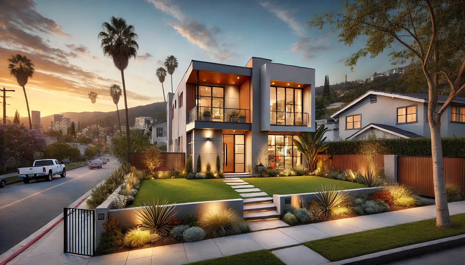 Modern remodeled home in Los Angeles with a landscaped front yard.