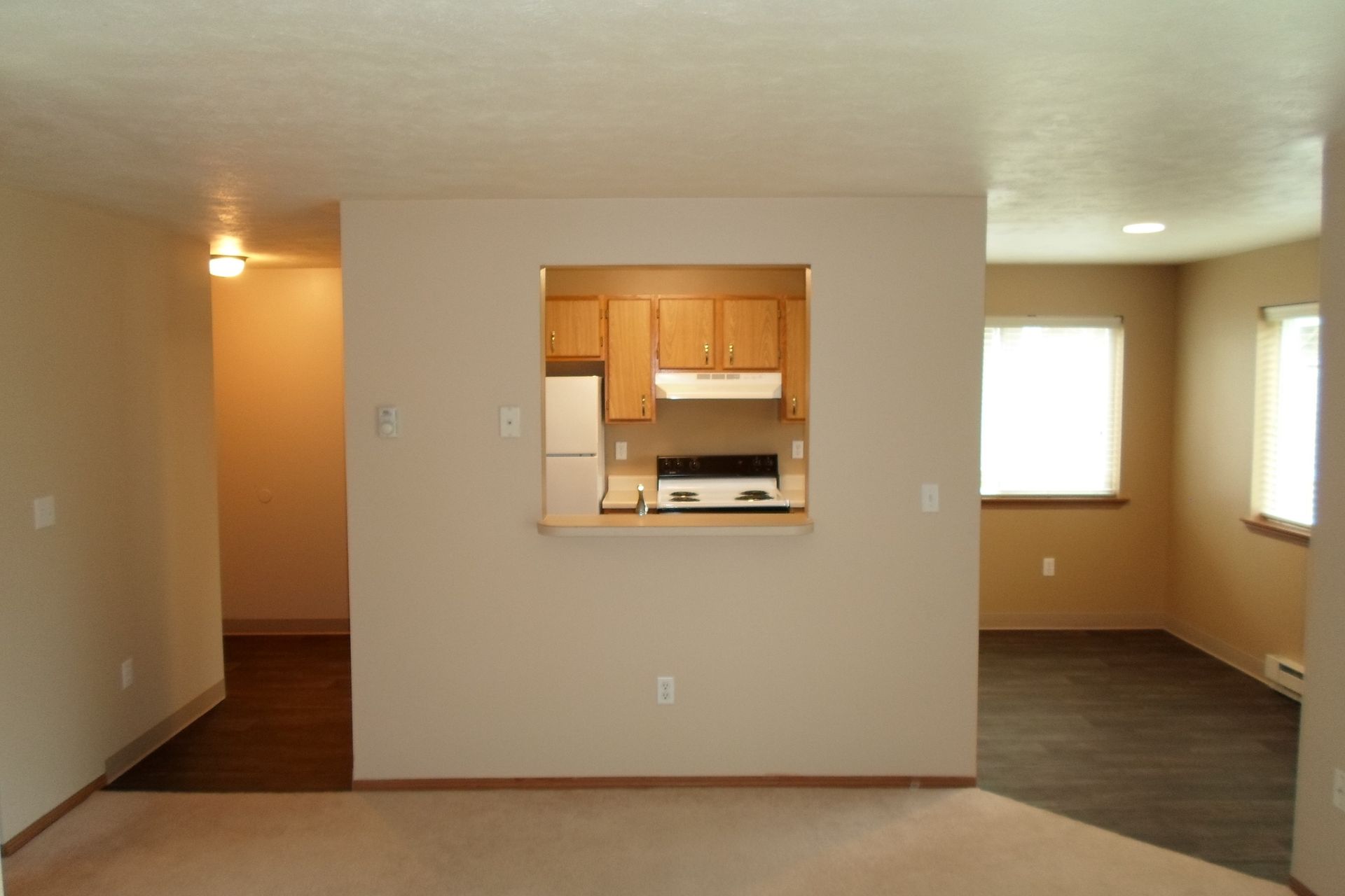 An empty living room with a kitchen in the background