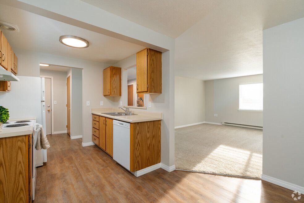 A kitchen with wooden cabinets , a stove , a sink , and a dishwasher.
