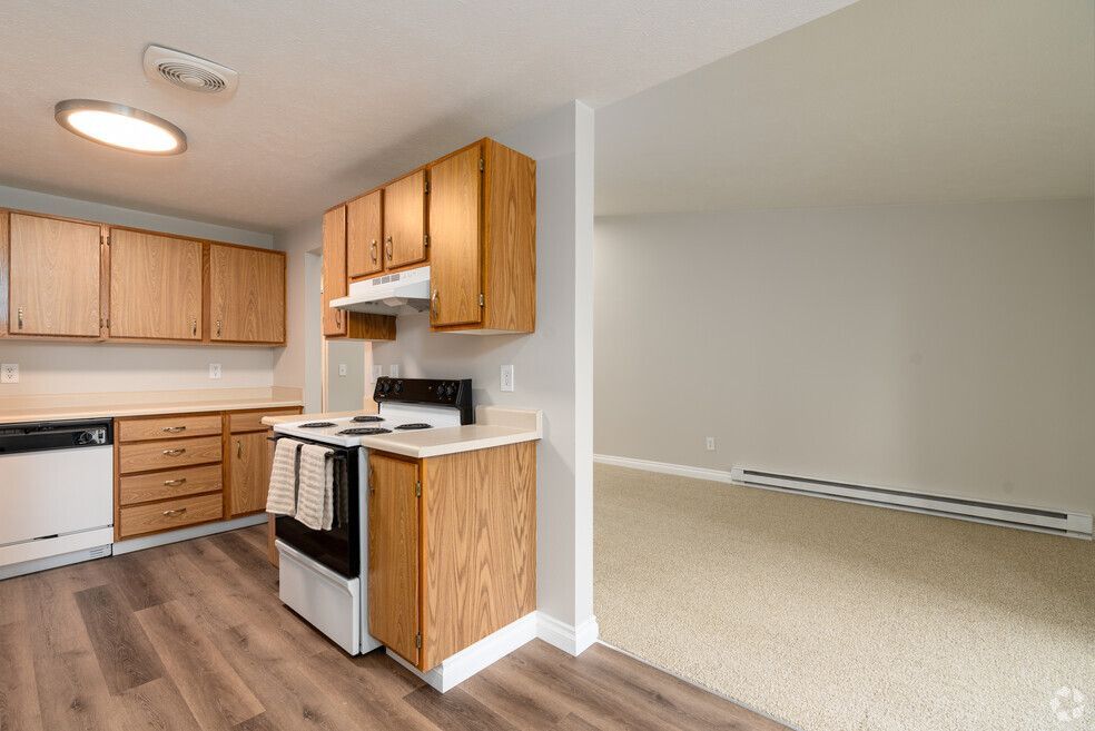 A kitchen with wooden cabinets , a stove , and a dishwasher.