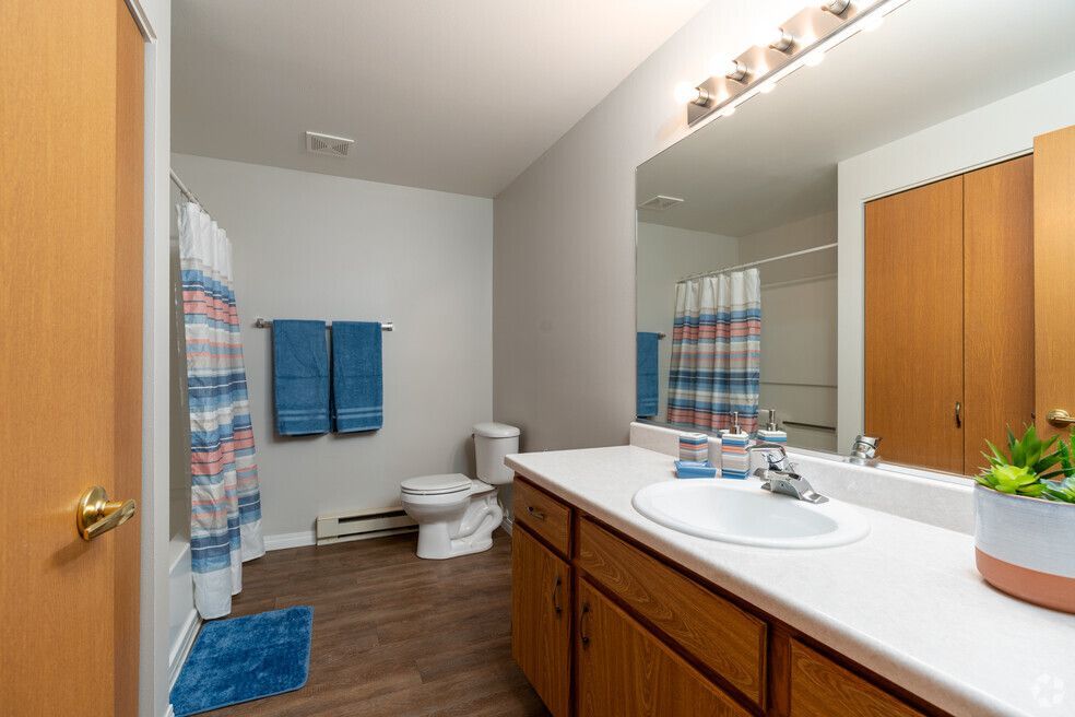 A bathroom with a toilet , sink , and mirror.