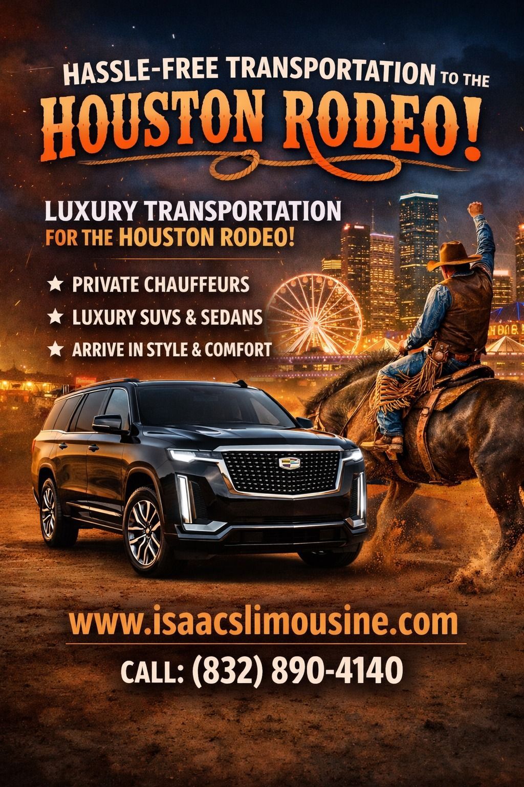 Hassle-free transportation to the Houston Rodeo ?✨
Skip the traffic and parking stress.
Ride in a 2025 Escalade with a private chauffeur.
Safe. Clean. On time.