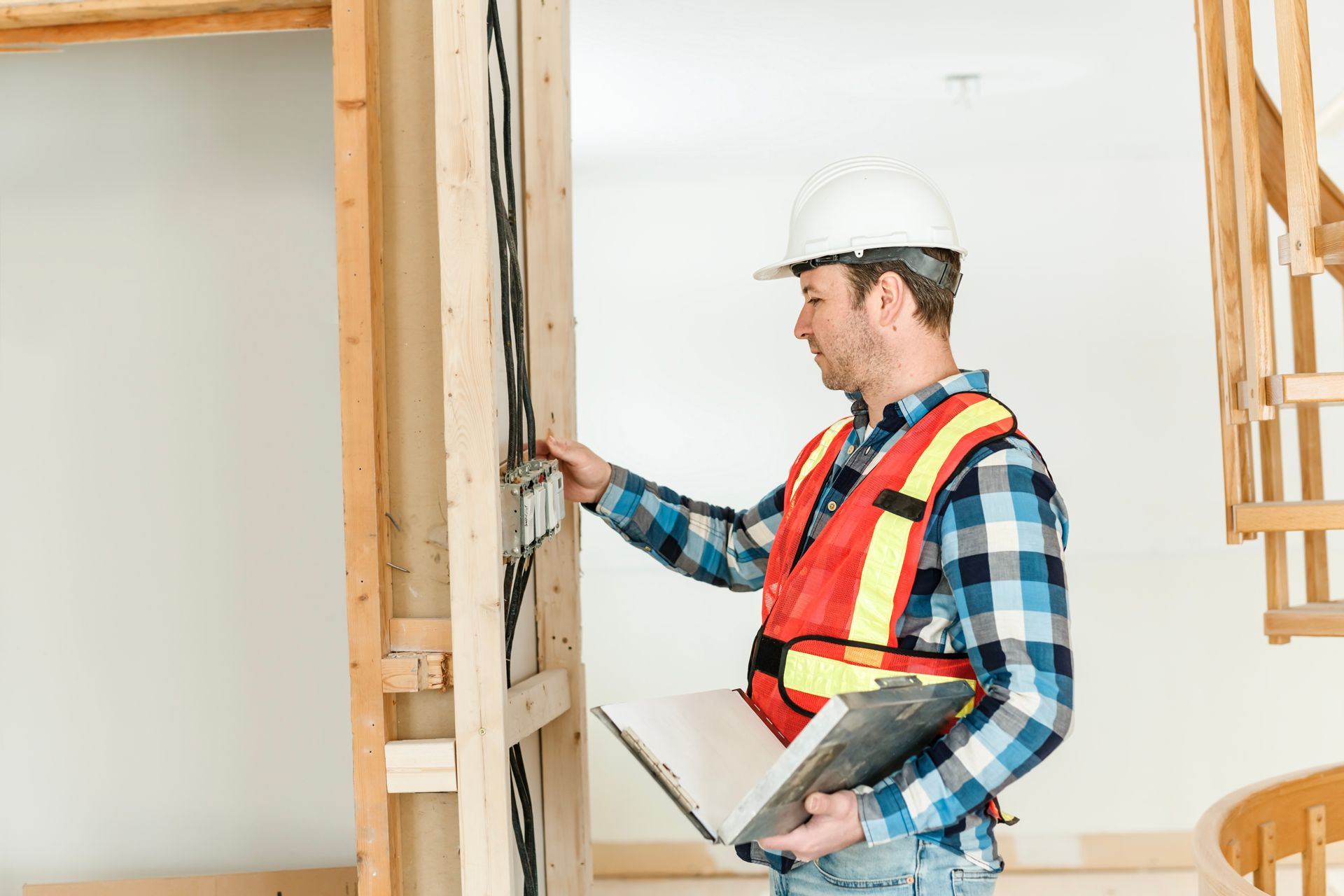 Construction worker in hard hat and safety vest inspecting framing with clipboard.