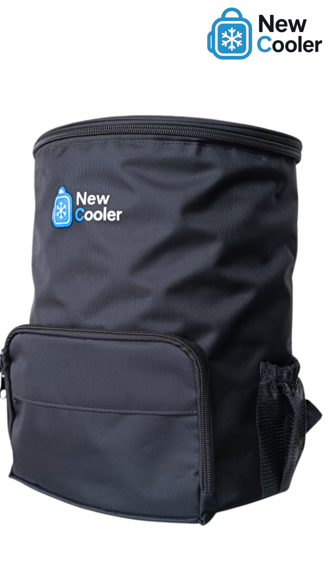 Mochila térmica preta com isolamento térmico, bolso frontal e bolso lateral de malha; logotipo 