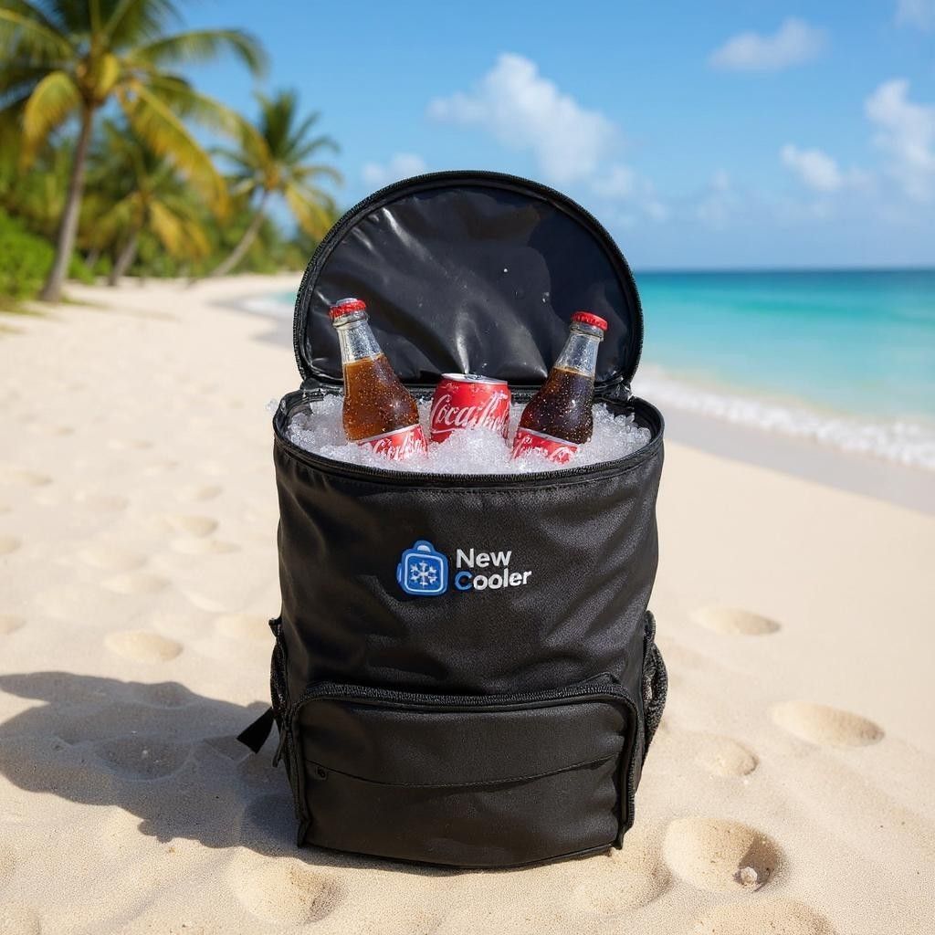 Mochila térmica preta cheia de gelo, refrigerante e garrafas em uma praia de areia em frente ao oceano.