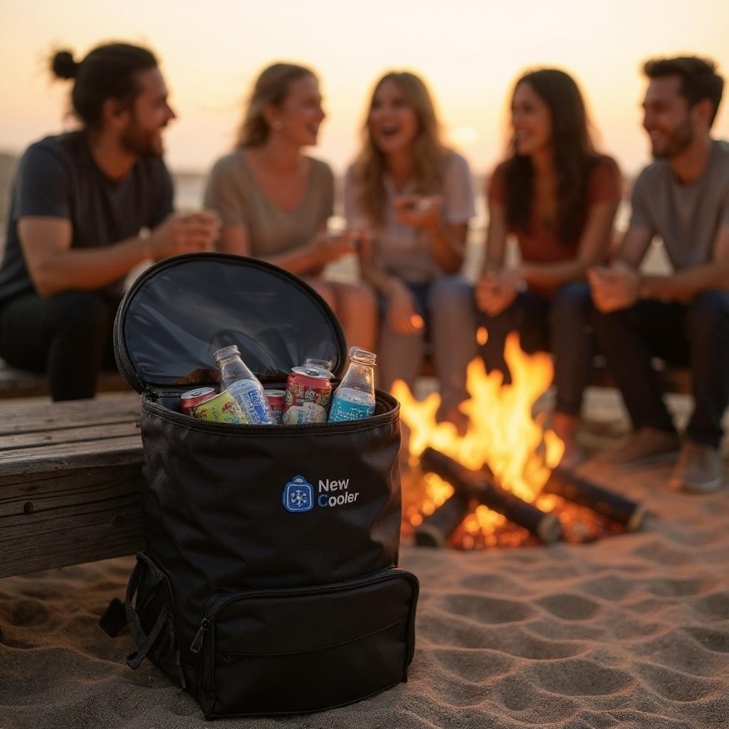 Mochila térmica preta aberta com bebidas, em frente a um grupo de amigos rindo ao redor de uma fogueira na praia ao pôr do sol.