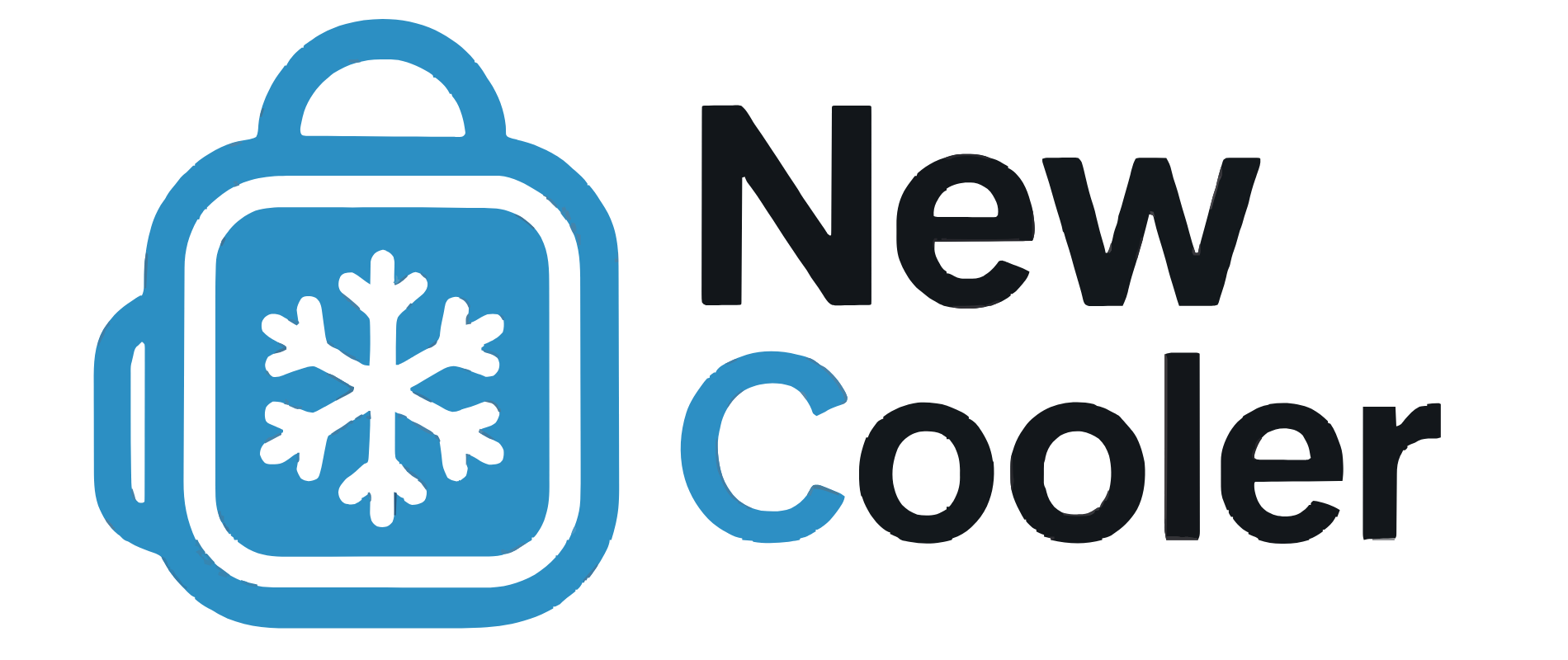 Logotipo com um ícone de refrigerador azul contendo um floco de neve, com 