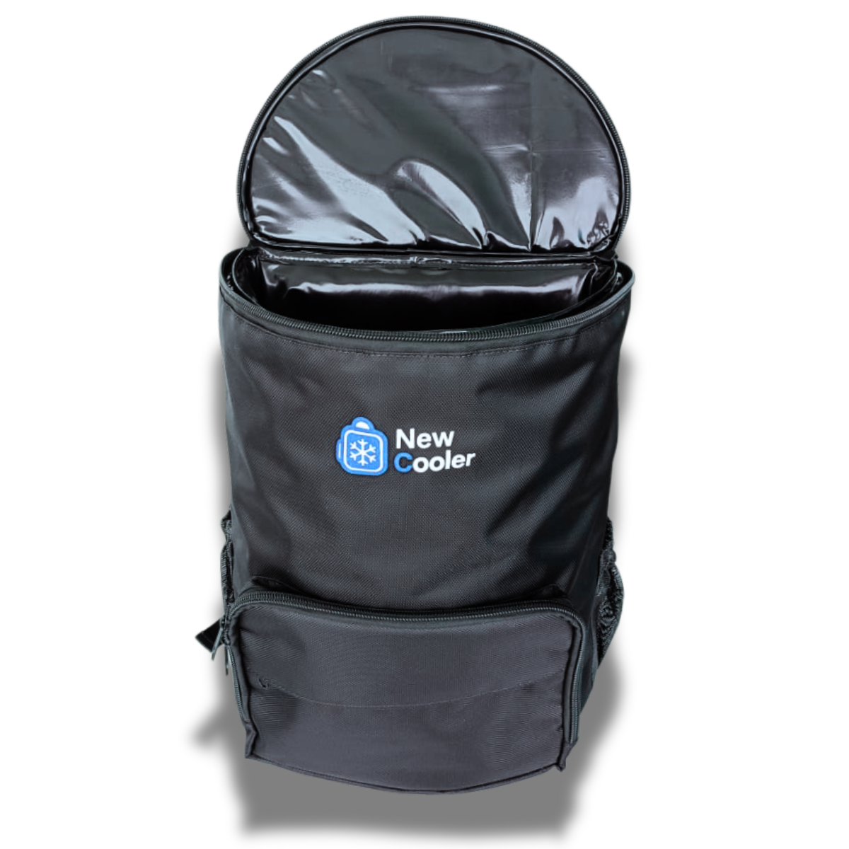 Mochila térmica preta com tampa aberta, logotipo 