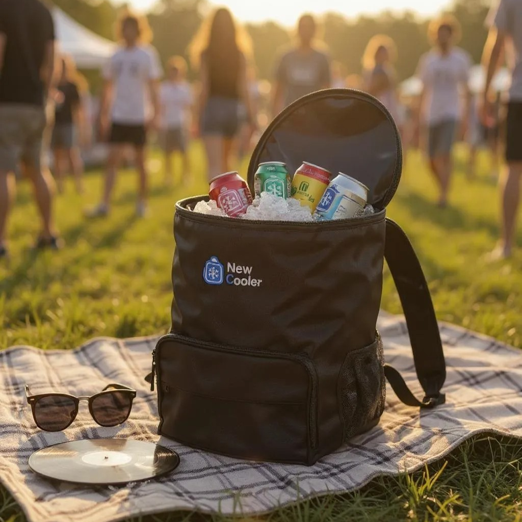 Uma mochila térmica preta cheia de gelo e bebidas está sobre um cobertor, com óculos escuros e um disco; pessoas se reúnem em um campo ensolarado.
