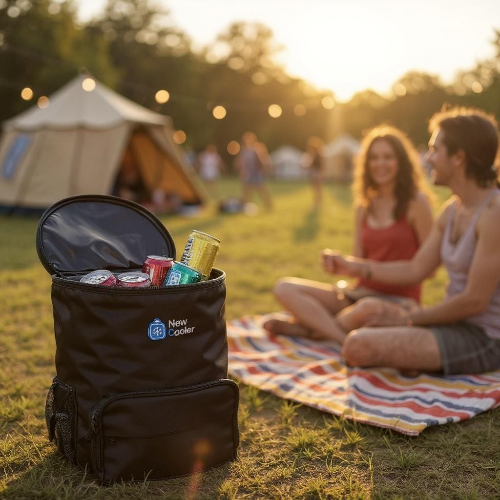 Uma bolsa térmica preta aberta, cheia de latas, na grama. Duas pessoas estão em um cobertor ao fundo, perto de uma barraca, em um parque.