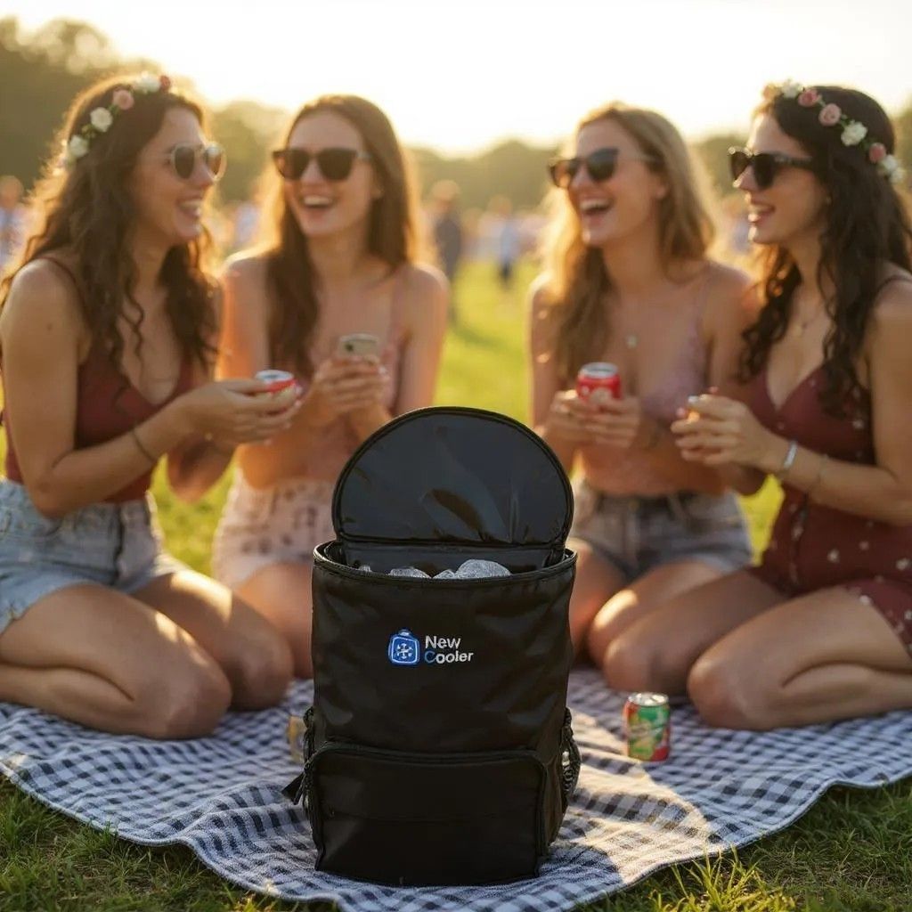 Quatro mulheres rindo sobre uma toalha de piquenique em um parque, com uma mochila preta e térmica em primeiro plano.