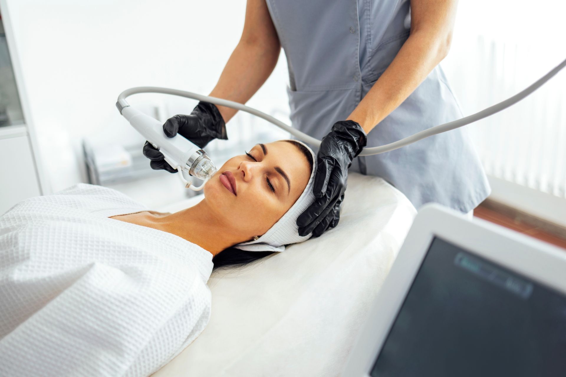 Woman receiving a facial treatment with a device, lying on a white bed in a bright room.