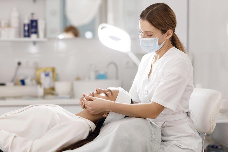 A woman is getting a facial treatment at a beauty salon.