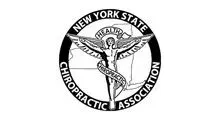 New York State Chiropractic Association logo: Caduceus figure with outstretched wings, surrounded by text, over New York state outline.