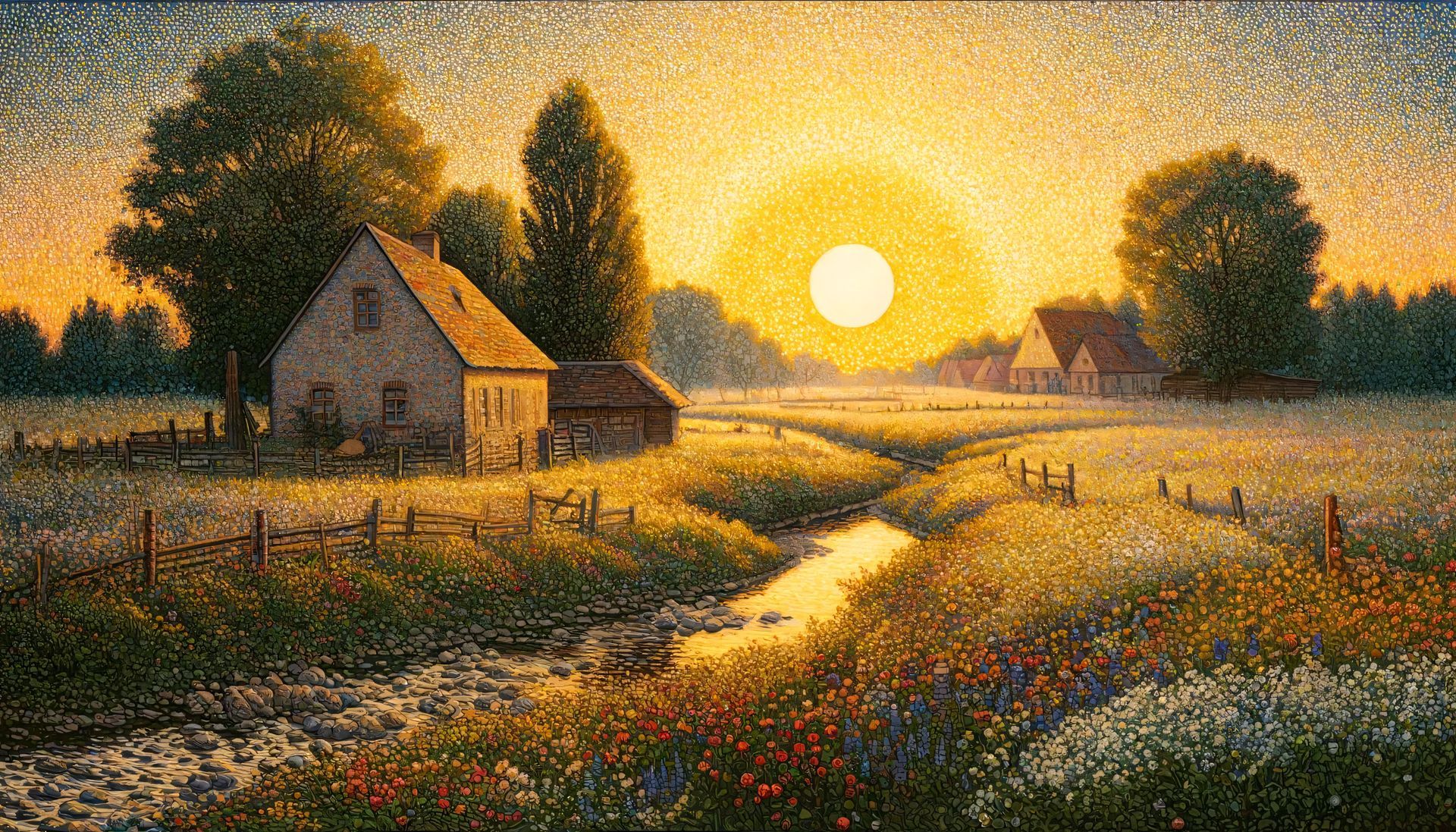 A painting of a house in the middle of a field at sunset.