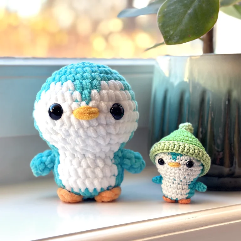 Two crocheted penguins are sitting on a window sill