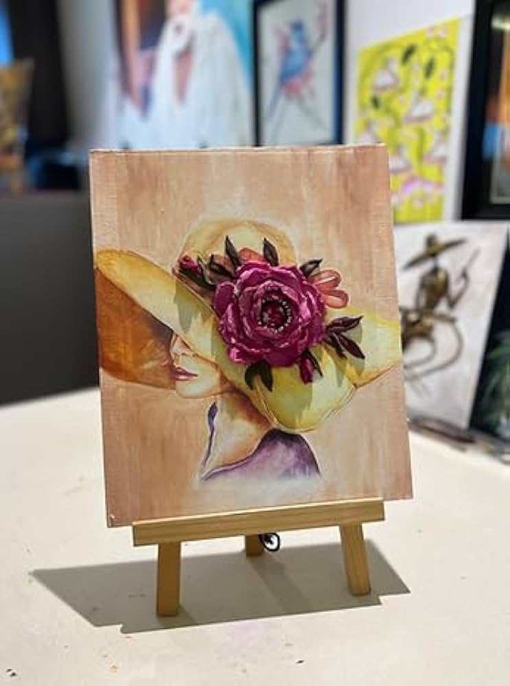 A painting of a woman wearing a hat with a rose on it.