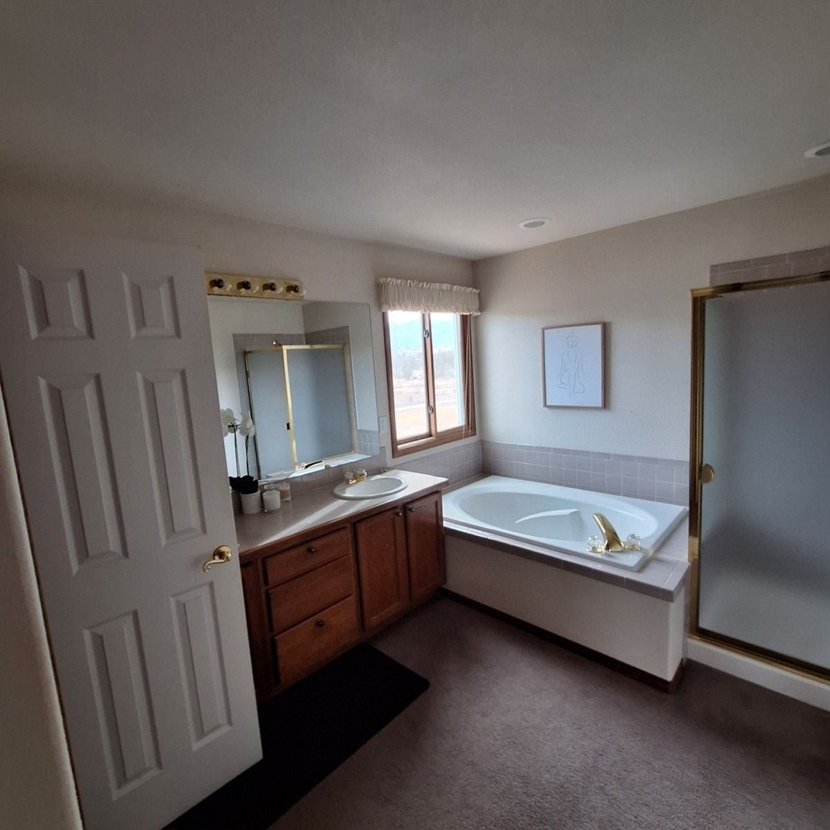 Bathroom with a vanity, bathtub, shower, and closed door.