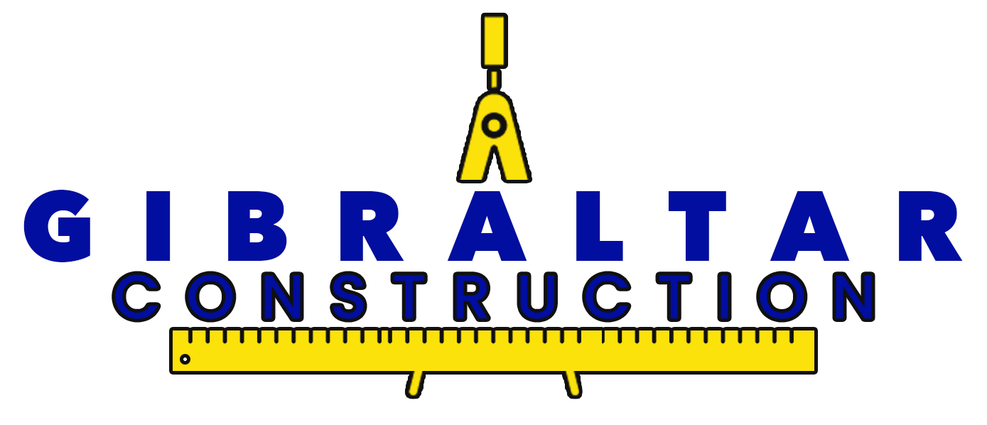 Logo for Gibraltar Construction, blue text, yellow compass and ruler.