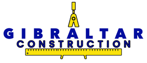 Logo for Gibraltar Construction, blue text, yellow compass and ruler.