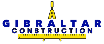 Logo for Gibraltar Construction, blue text, yellow compass and ruler.