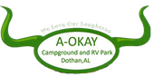 Green logo for A-OKAY Campground and RV Park in Dothan, AL, with bull horns and text